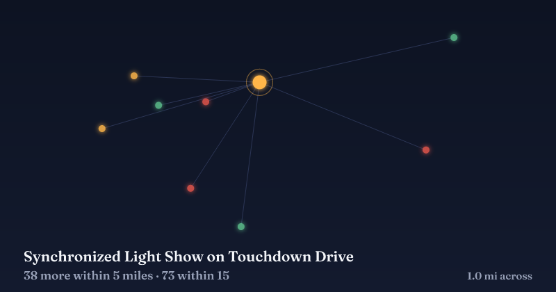 Map of Synchronized Light Show on Touchdown Drive and the 73 other Christmas light displays within 15 miles