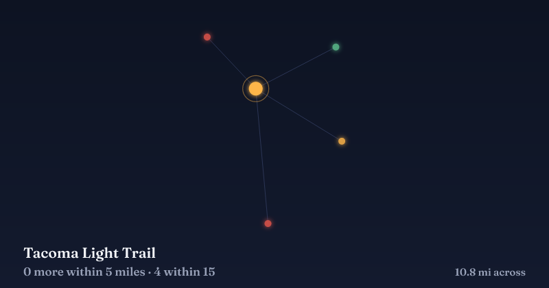 Map of Tacoma Light Trail and the 4 other Christmas light displays within 15 miles