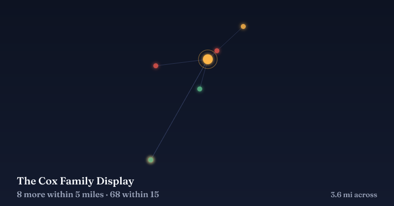 Map of The Cox Family Display and the 68 other Christmas light displays within 15 miles