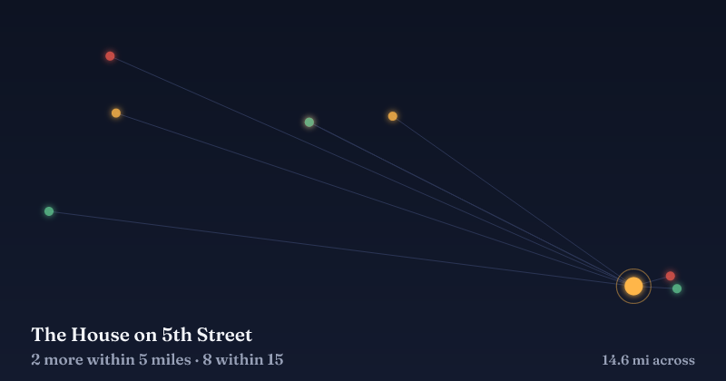 Map of The House on 5th Street and the 8 other Christmas light displays within 15 miles