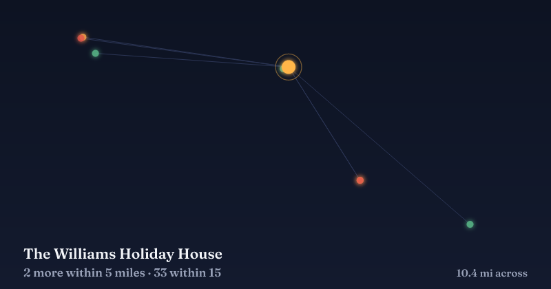 Map of The Williams Holiday House and the 33 other Christmas light displays within 15 miles