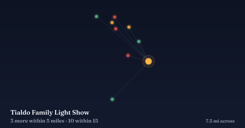 Map of Tialdo Family Light Show and the 10 other Christmas light displays within 15 miles