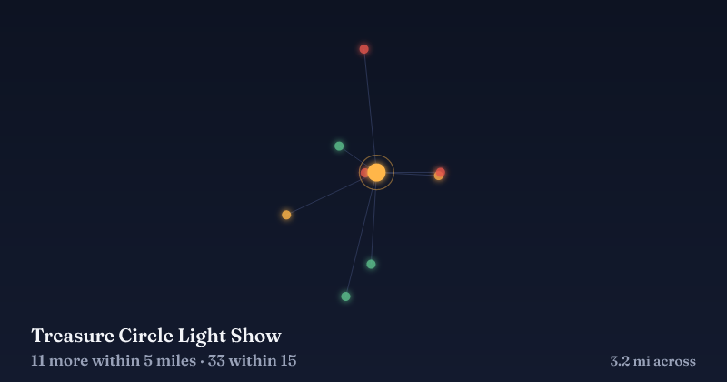 Map of Treasure Circle Light Show and the 33 other Christmas light displays within 15 miles