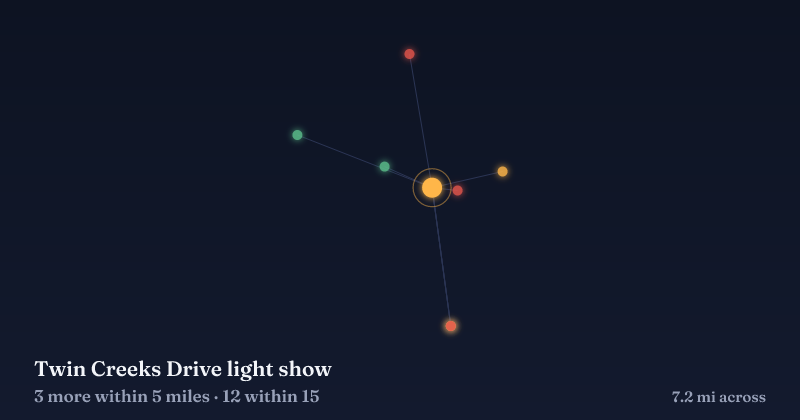 Map of Twin Creeks Drive light show and the 12 other Christmas light displays within 15 miles