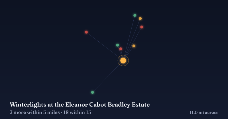 Map of Winterlights at the Eleanor Cabot Bradley Estate and the 18 other Christmas light displays within 15 miles