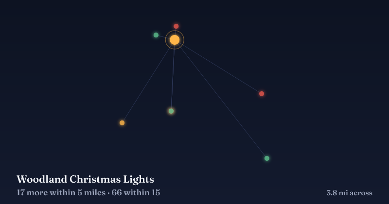 Map of Woodland Christmas Lights and the 66 other Christmas light displays within 15 miles