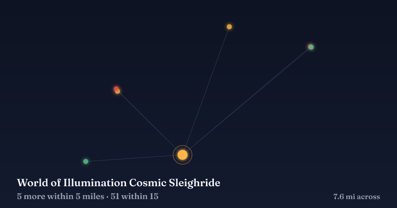 Map of World of Illumination Cosmic Sleighride and the 51 other Christmas light displays within 15 miles