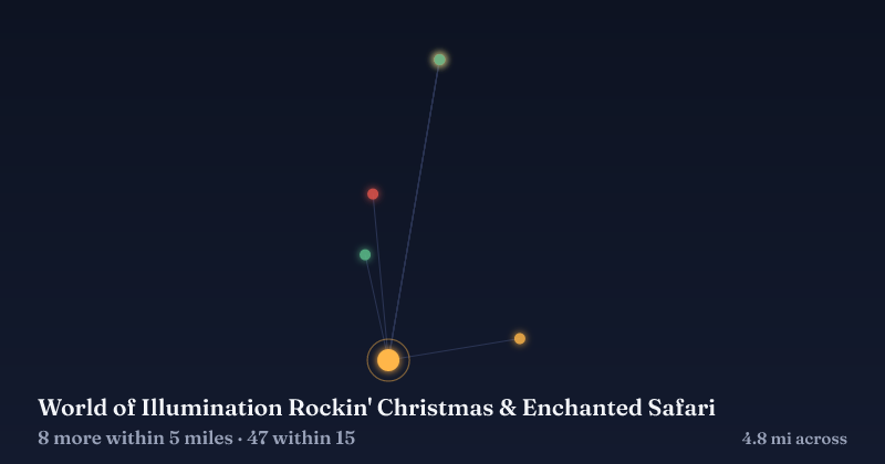 Map of World of Illumination Rockin' Christmas & Enchanted Safari and the 47 other Christmas light displays within 15 miles